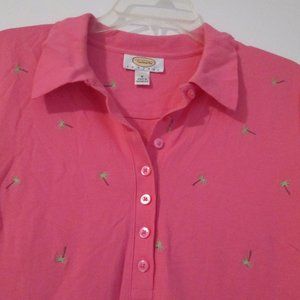 Preppy Pink Polo Dress with Green Embroidered Palm Trees Cotton Knit petite S
